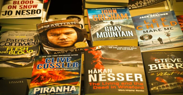 A collection of bestselling thriller novels prominently displayed in a bookstore setting.